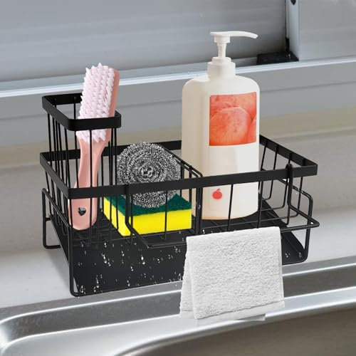 JRJRN Spülbecken Organizer Küchen, Spülorganizer Edelstahl, Organizer Küche mit Spüllappenhalter, Spüle Organizer mit Automatischer Entwässerung, Spülmittel Halterung für Bürsten Schwamm Seife