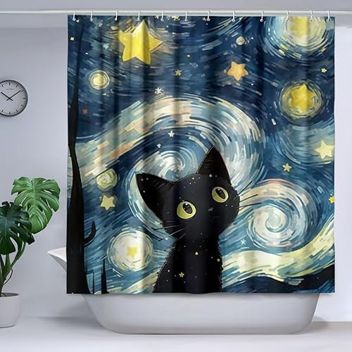 Hopomoon Tenda da doccia 180 x 90 cm con gatto e notte stellata in stile pittura a olio Tende da bagno con 12 occhielli e anelli per tenda da doccia per bagno