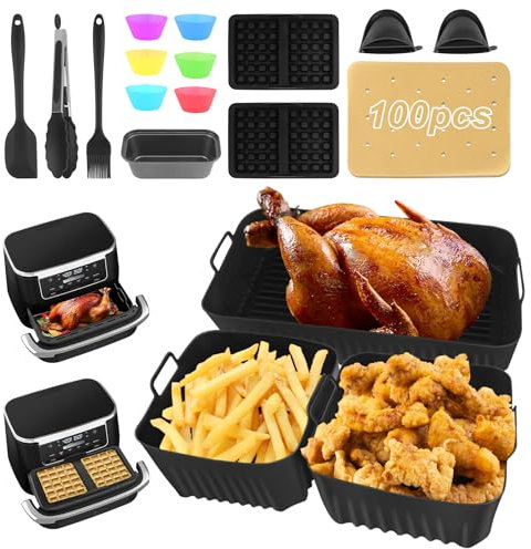 Air Fryer pour Ninja Foodi Flex AF500EU, Moule Silicone Airfryer, Accessoires Air Fryer Avec Moule Silicone 10,4L 5,2L, Papier Cuisson, Moule à Pain, Moule Muffin, Moule à Gaufres en Silicone ETC.