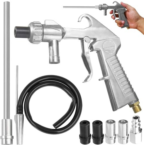 Kit di Pistola Sabbiatrice per Compressore, Pistola per Sabbiatura con Ugello Lungo per Sabbiatura e Ugelli in Metallo di Calibro 5MM/6MM, Tubo in Gomma e Collegamento all'aria per Sabbiatura