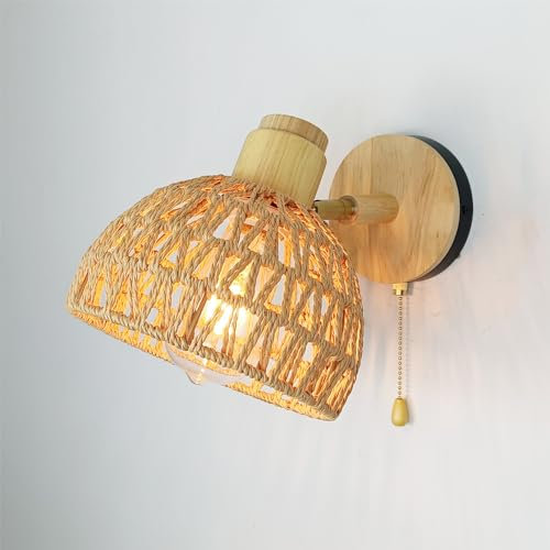 LIGKIN Applique Murale Interieures E27 Lampe Murale en Rotin Vintage Luminaire Applique Bois Réglable Lampe de Mur avec Interrupteur pour Chambre Salon Couloir