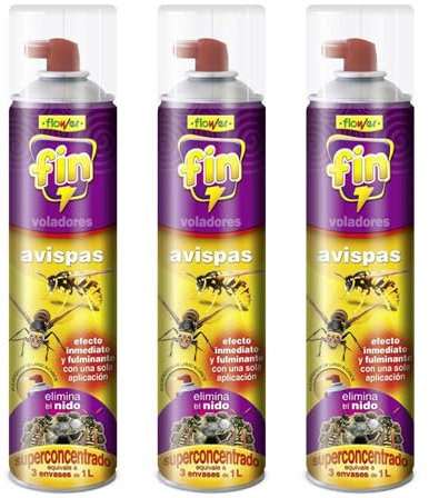 FLOWER Insecticida Avispa Asiática Exterior Largo Alcance 5 Metros | Spray 600 ML Repelente Avispones, Nidos de Avispas y Avisperos Súper Concentrado | Eliminación Inmediata Avispas (PACK 3 UNIDADES)