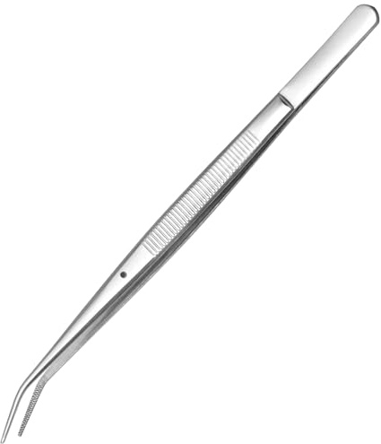 FTONOM5 Precision Stainless Steel Tweezers - Professional Grade Long Anti Slip Crafting Cooking Tools with Curved & Serrated Bent Tips Multipurpose Forceps for Jewelry Sewing Machine Aquarium Garden