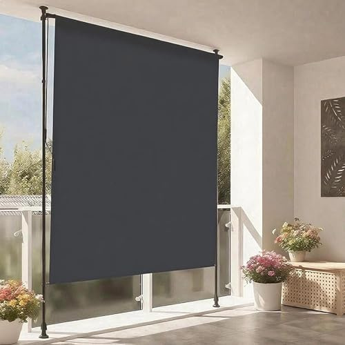 2m Outdoor Senkrechtmarkise mit Kurbel Wasserdicht Rollo ohne Bohren Sichtschutz Sonnenschutz für Balkon & Terrasse Grau