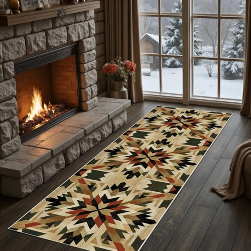 Dyjuaa Western Azteken Navajo Teppich Läufer 80x240 cm Küchenläufer Vintage Geometrie rutschfest Waschbar Kurzflor Teppichläufer Bettumrandung Carpet für Flur, Küche, Eingang, Wohnzimmer