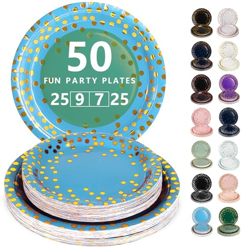Nkaiso 50 Pcs Light Blue and Gold Disposable Party Paper Plates Set | Party Supplies- 25x9inch & 25x27inch Plate Elegant Disposable Tableware for Birthday, Wedding, Shower