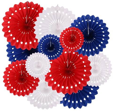ZYOOO Hanging Paper Fans Party Decorations,12 Pcs Red Blue White Honeycomb Round Fans,Patriotic Ceiling Decor for Coronation,Nautical Party,Birthday,Graduations Party Backdrop
