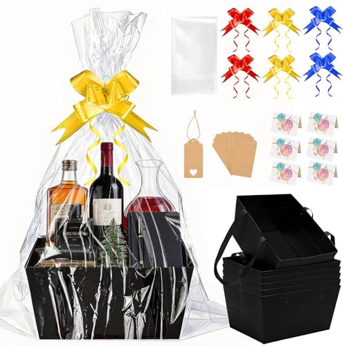 SelfTek 6 Set Geschenkkorb Leer Groß - Geschenkkorb mit Präsentkorb Leer Geschenkfolie Transparent, Schleifen, Grußkarte, Etikett, Präsentkorb Leer für Valentinstag, Hochzeit (Schwarz 6 Set)