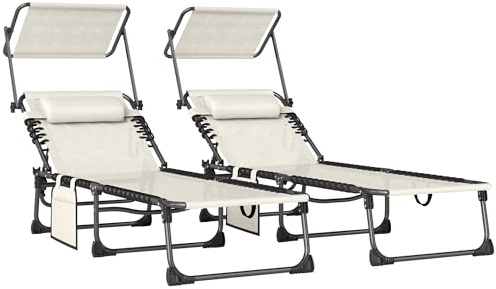 Outsunny Set de 2 Tumbonas Jardín Exterior, Tumbonas Plegables con Reposacabezas, Parasol y Bolsillo Lateral, Respaldo Reclinable 5 Posiciones y Asiento Malla Transpirable para Playa, Piscina, Crema