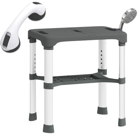 HOMCOM Tabouret de Douche Ajustable pour Personnes âgées handicapées Gris | Chaise de douche avec étagère intégrée, barre d'appui ventouse, siège large, aluminium antirouille