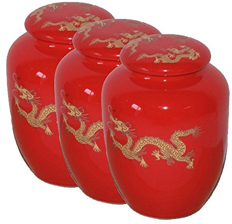AAF Nommel ®, 3 Stück Teedose aus Keramik rot mit Drache, innen weiß, Nr 05