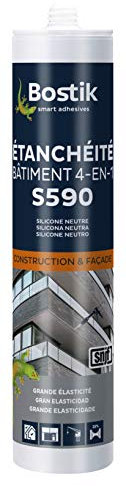 Bostik S590 – Mastic d'Étanchéité Bâtiment 4 en 1 – Intérieur et Extérieur – Joints De Calfeutrement, Dilatation, Façade Et Vitrage – Couleur : Blanc – Cartouche 300 ml