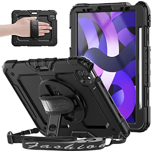 SEYMAC Hülle für iPad Air 5. / 4. Generarion 2022/2020 10,9 Zoll, Hülle für iPad Air 5, Stoßfeste für iPad Air 2022 Case mit Displayschutzfolie, Drehen Handschlaufe/Ständer, Stifthalter, Schwarz