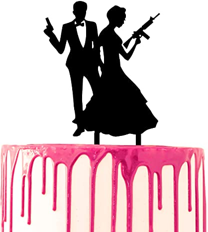 CARISPIBET Hochzeitstortenaufsatz, thematischer Bräutigam und Braut als Geheimagenten, Acryl-Silhouette, Kuchendekoration