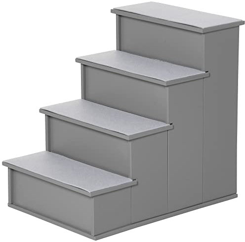 PawHut 4 Step Wooden Dog Steps Pet Stairs for Dogs, Cat Ladder for Bed Couch with Non-Slip Carpet 40 x 59 x 54.2 cm, Grey