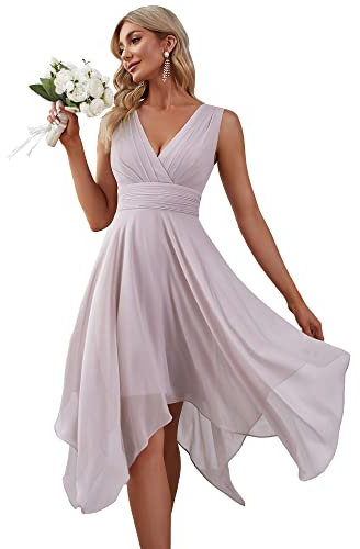Ever-Pretty Women's Double V Neck Empire Waist Midi Asymmetrial Hem Short Prom Homecoming Dresses Lilac 30UK