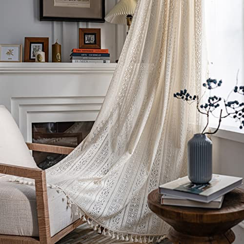 Tospass Vintage Landhausstil Häkeln Stricken Vorhang Boho Bohemien Vorhänge Aushöhlen mit Quaste 2er Set Gardinen Outdoor Baumwolle Gardienen für Wohnzimmer Schlafzimmer Curtains 150x200 cm Beige