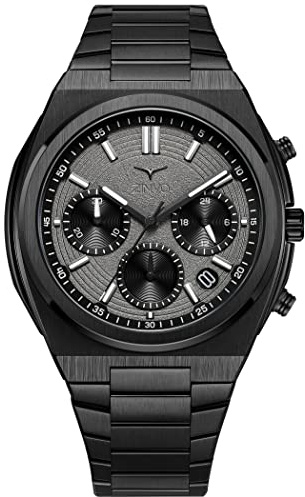 ZINVO Chrono Black Quarz Chronograph Stahl Schwarz Grau Silikon Datum Saphir Uhr Herren