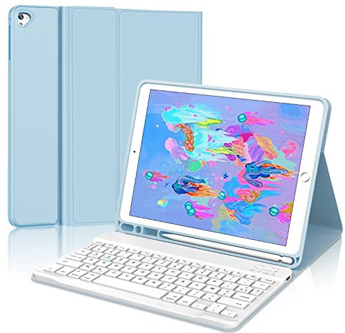 JADEMALL Coque Clavier pour iPad 9.7 6eme/5eme Generation 2018/2017, Air 2/1 2014/2013, AZERTY Clavier Bluetooth Détachable pour iPad 9.7, Bleu Ciel
