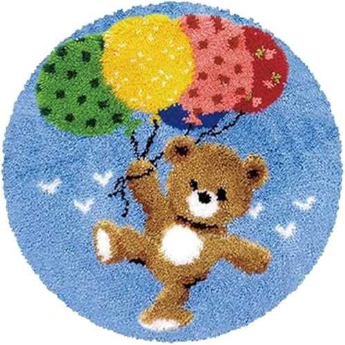 ROCKY&CHAO Latch Hook Rug Kit, DIY Rug Making Kit for Adults Kids, Sika Deer Rug Making Kits, Cross Stitch Kit Carpet Making Cushion Needlework for Beginners, Home Decor, Bear with Balloons 50x50 cm