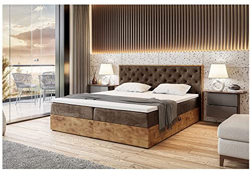MEBLINI Boxspringbett mit Bettkasten - Gepolstert Doppelbett mit Matratze und Topper - Polsterbett mit Stauraum - Bett mit Kopfteil - Stauraumbett - Lofty 3-140x200 - H3/Braun Samt