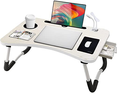 Laptop-Schreibtisch, Knietisch, Schoß-Schreibtisch für Bett mit USB-Ladeanschluss/Getränkehalter/Aufbewahrungsschublade für Multifunktions-Notebook-Ständer zum Arbeiten, Lesen (weiß)