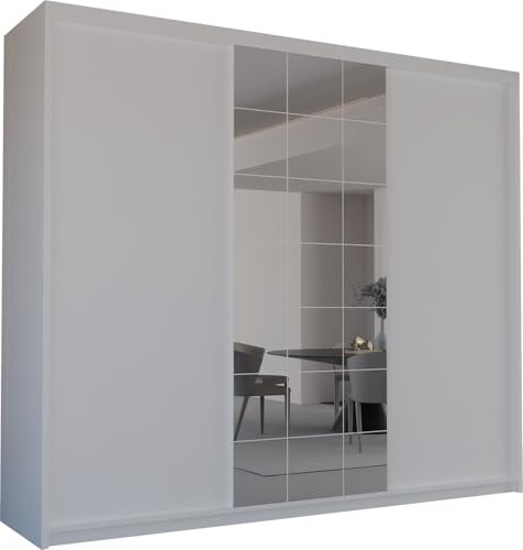SLIDING WARDROBE 4U Cevin Closet with Sliding Mirror Door, Large Bedroom Armoire Wardrobe Clothing Storage Cabinet with 3 Drawers, Shelves and Hanging Rods (White, 250cm)