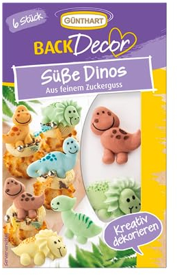 Günthart BackDecor 6 Süße Dinos aus Zucker, zum Dekorieren in verschiedenen Farben für alle Dino Fans 1er Pack 20 gr