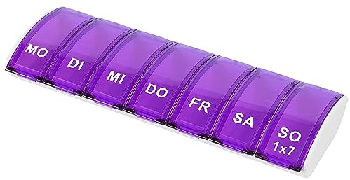 YSTP Tablettenbox 7 Tage, 4 Stück Wiederverwendbar Pillendose mit 7 Fächer Medikamentenbox 7 Tage Tabletten Organizer Pillendose Klein Tragbar und Leicht zu öffnen (Lila, 1 Stück)