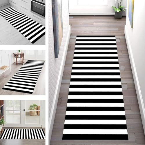 Teppich Läufer Flur Lang Küche Rutschfest Waschbar Küchenläufer Schwarz Weiß Gestreift Korridor Flurläufer 90X180CM Teppichmatten Dauerhaft Schlafzimmer Wohnzimmer Meterware Teppichläufer Anpassbar