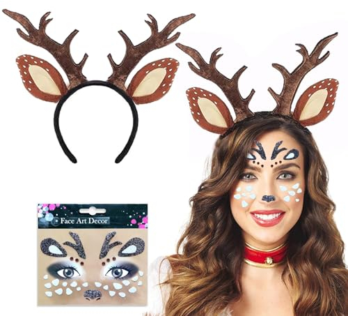 Johiux Rentier Haarreif Reh Kostüm Damen Kinder Geweih Haarreif Rentier Kostüm,Mardi Gras Weihnachten Halloween Kostüme Cosplay Party Hirsch Kostüm Zubehör Rentier Gesicht Aufkleber.(1 Sätze)