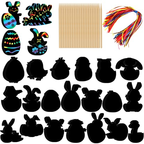 PEUTIER 96St Kratzbilder Ostern, Kratzbilder für Kinder Ostern Kratzpapier in Regenbogenfarben Oster Bastelset für Kinder mit Farbigen Seilen und Bambusstift für Party Zuhause Klassenzimmer