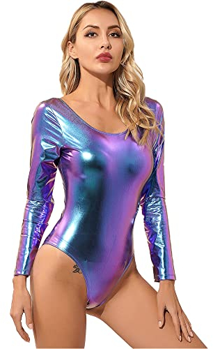 iEFiEL Damen Metallic Body Lackleder Bodysuit Catsuit Wetlook Jumpsuit Langarm/Kurzarm Turnanzug Ballettbody Trikotanzug Tanzkostüm Laser Blau + Violett XXL