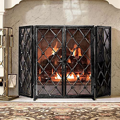 Kamingitter mit Türen, schwarz, 68 × 32 × 82 cm, faltbares kindersicheres Netz für Kamin/offenes Feuer, dreifach gefaltet, antiker Sichtschutz kleines Geschenk