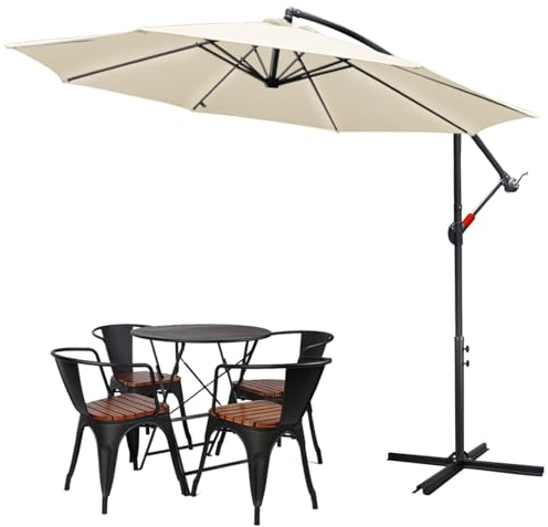 Tubiaz Sonnenschirm 300cm Ampelschirm Groß Alu Kurbelschirm mit Ständer UV-Schutz 40+ Parasol Wasserdicht Gartenschirm Marktschirm für Balkon, Garten, Terrasse,Beige