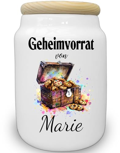 Cookie-Dose mit Name und Spruch, Schatztruhe Geheimvorrat Keksdose, Keramik, Wunschname Geschenk Dose Kekse Cookies Leckerlis Nervennahrung, zu Geburtstag, Weihnachten, Ostern, Muttertag, Dankeschön