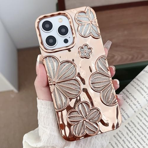 RALEAVO for iPhone 14 Pro Max Case, Girls&Women Cute 3D Flower Luxury Pretty Plating Glitter Aesthetic Case Cover, Soft Silicone Shockproof Protective Phone Case for iPhone 14 Pro Max-Gold