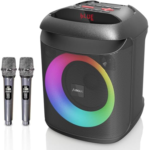 AIMAX Karaoke Machine with 2 Wireless Microphones, Portable Bluetooth Speaker for Adults and Children, Party Music Box, Mobile PA System with RGB Light, Supports TF/USB, TWS, AUX in, Black