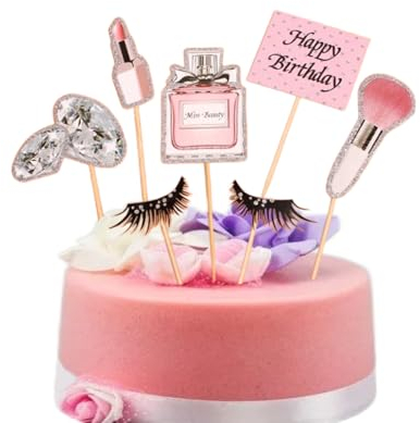 LIANRISES 35pcs Makeup Cake Toppers Cupcake Toppers Birthday Cake Toppers Personalised Cupcake Toppers Lipstick Diomand Eyelash Perfume Girls Cake Topper Cake Decorations