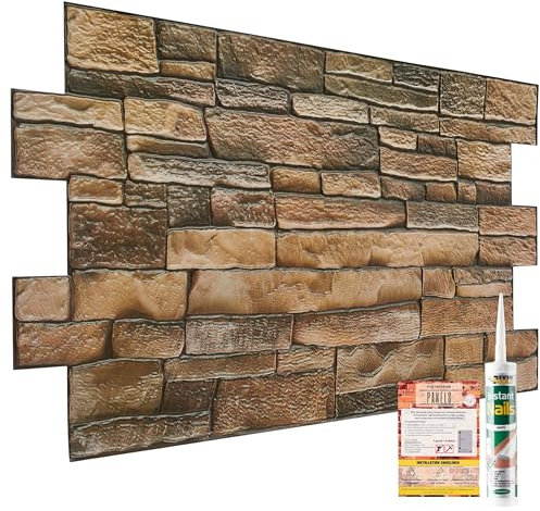 NOVECRAFTO 3D Wall Panels - 4 Sheets Covering 1.84 sqm | 19.84 sqft Moisture Resistant PVC Plastic Cladding Panel - 96 cm x 48cm | 37.79 x 18.89 in - Rustic Tan with Brickwork Effect