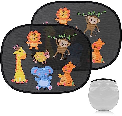 Glanxy Sonnenschutz Auto Baby mit UV Schutz 2 Stück, Sonnenblende Auto Fenster Seitenscheibe Seitenfenster Netz Universelle, Autofenster Heckscheibe Kinder mit süßen Tier Motiven