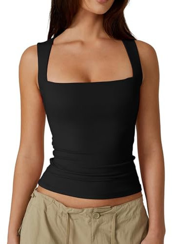KOEMCY Femme Basique Slim T-Shirt Sexy Tank Tops Encolure Carrée sans Manches Crop Top Lightweight Fitness Sports Yoga Shirt à Manches Courtes (Noir S)