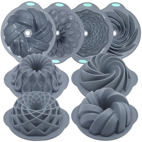 Tongjude 4 Stück Silikon Riffelkuchenformen, 6/7/8 Tassen Rohr Backform, Antihaft-Küche Ofen Backformen, Silikonformen für hausgemachte Kuchen, Brot und Jello, grau