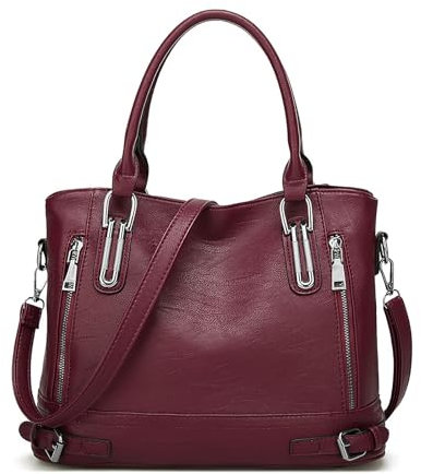 Long Keeper Leder Handtasche Damen - Tote Bag Shopper Tasche Kunstleder Handtasche Umhängetasche Groß Crossbody Damen Arbeitstasche Henkeltasche Schultertasche (Weinrot)
