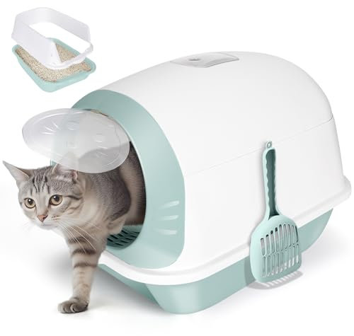 Cat Litter Tray, Anti-Spillage Cat Litter Box Litter Tray with Charcoal Filter, Extra Deep Durable High Rim Rounded Corners Hooded Cat Litter Toilet for Kittens Cats, White+Green