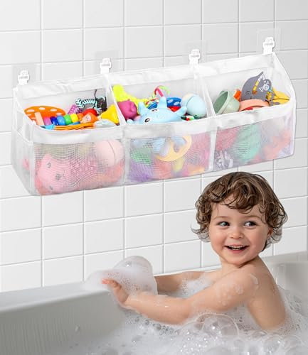 Bixury Badewannenspielzeug Aufbewahrungstasche Badewanne Spielzeugnetz Badewannenspielzeug hängeorganizer Tasche 67 × 14 × 20 cm Aufbewahrung und Sortierung mit 4 Selbstklebend Haken
