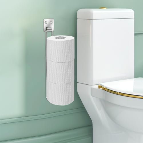 Tokokimo Toilet Roll Holder Self Adhesive Wall Mounted Toilet Roll Storage for 3 Roll Tissue, Over The Tank Toilet Paper Holder Stainless Steel No Drill for Bathroom Storage (Silver, 1 Piece)