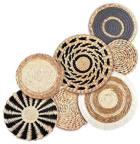 Runde gewebte Wanddekoration 7pcs Rattan Blume Boho Dekor natürliche rustikale Rustikale Wandkorb Dekor Boho Wandkunst für Schlafzimmer Wohnzimmer Badezimmer Wanddekoration Hausküche Garten Accesso