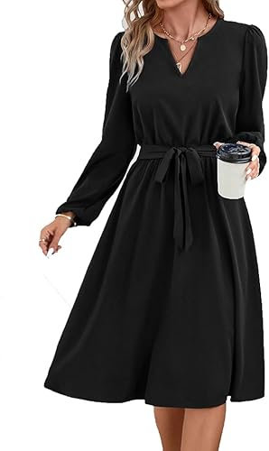 Hanaoops Women's V-Neck Long Sleeve Midi Dress - Casual Elegant Black A-line with Fashion Bow Waist Tie for Spring Autumn Daily Holiday Evening Party