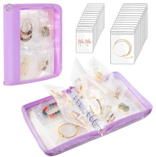 Emibele Travel Jewelry Organizer Case, Jewelry Storage Book Transparent Jewelry Binder with 96 Portable Anti Tarnish Clear Zippered Pouch Bags for Necklaces Bracelet Earrings Rings, Purple